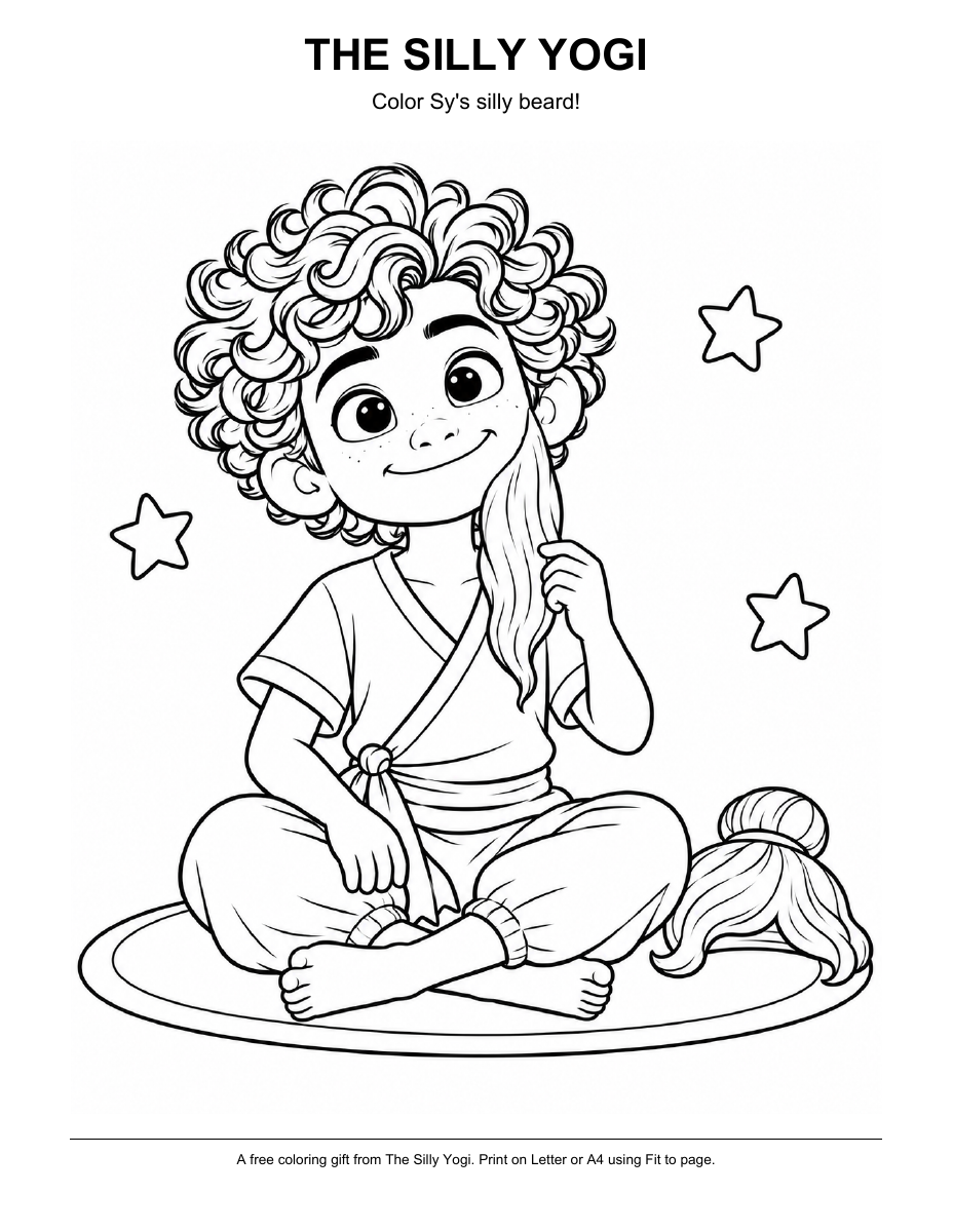 Preview of the free printable coloring page: curly-haired Sy holding his silly beard beside his wig.